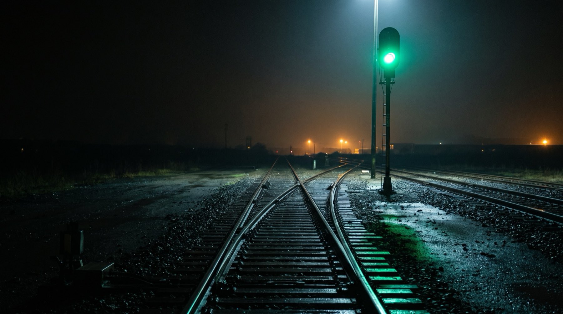 A railway junction at night where the main line splits through a set of points onto a parallel siding, lit by a green signal.