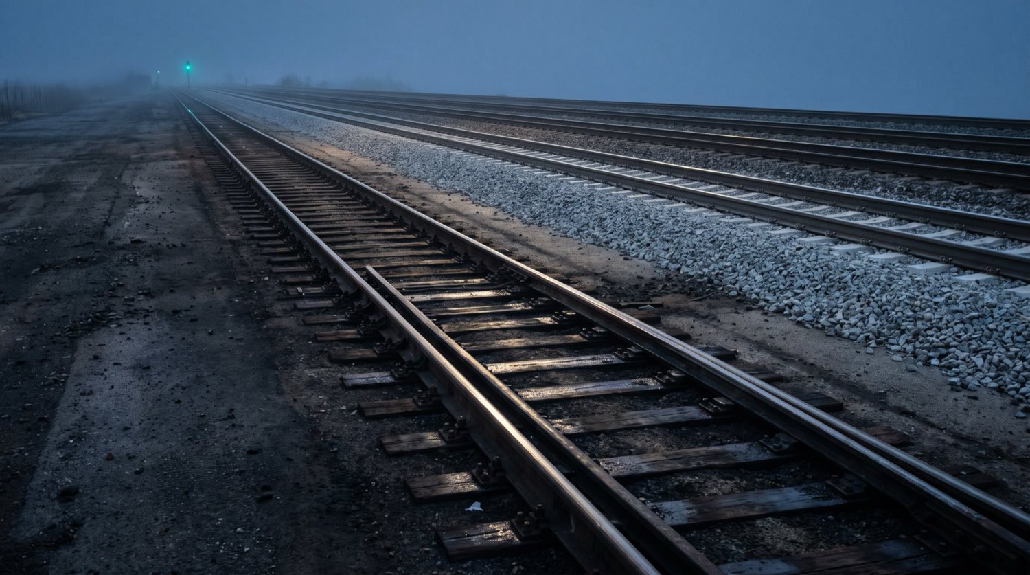 Two parallel railway tracks at blue hour, the nearer one worn with use and the farther one clean, maintained and empty.