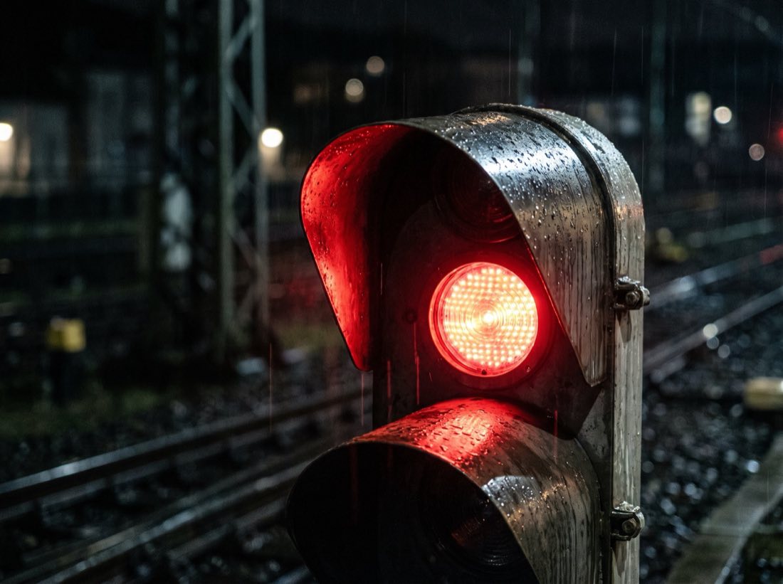 A railway signal head at night showing a red aspect, rain beading on the metal hood.